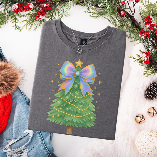Coquette Bow Christmas Shirt, Iridescent Christmas Tree T-Shirt, Xmas Gift for Her, Matching Family Holiday Tees, Trendy Christmas Shirts