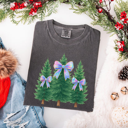 Coquette Bow Christmas Comfort Colors Shirt, Iridescent Christmas Tree T-Shirt, Xmas Gift for Her, Matching Family Holiday Tees, Girly Tee
