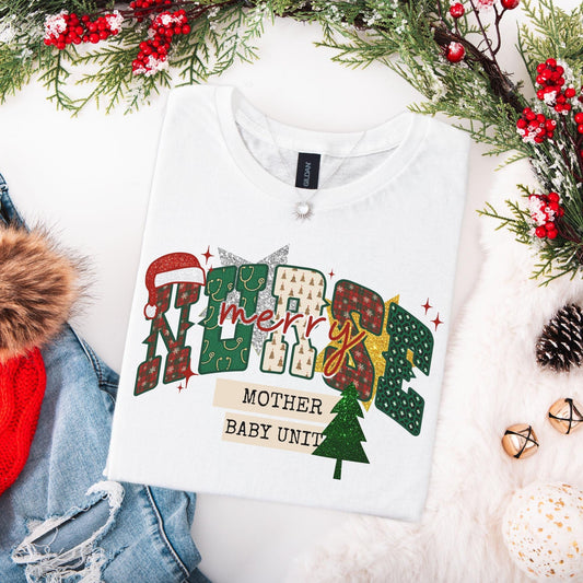 Christmas Mother and Baby Nurse Shirt, Mother Baby Unit T-Shirt, L&D Nurse Christmas Gift, Matching MBU Crew Tees, Postpartum, Faux Glitter