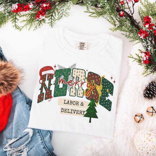 Christmas Labor And Delivery Nurse Comfort Colors Shirt, L&D Nurse Christmas Tees, OB Nurse Christmas Gift, Matching Holiday, Faux Glitter