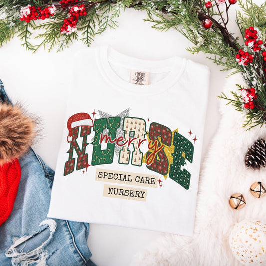 SCN Nurse Christmas Comfort Colors Shirt, Special Care Nursery T-Shirt, RN Christmas Shirts, Holiday Gifts for Baby Nurse, Faux Glitter