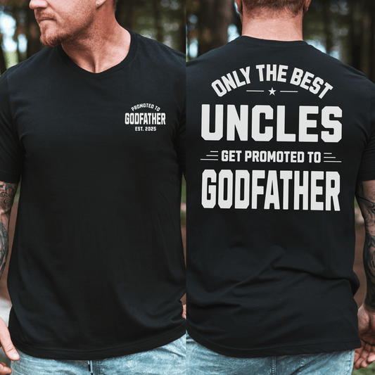Custom Promoted To Godfather Shirt black t shirt with front small logo and bold white back typographic design by Maddy and George