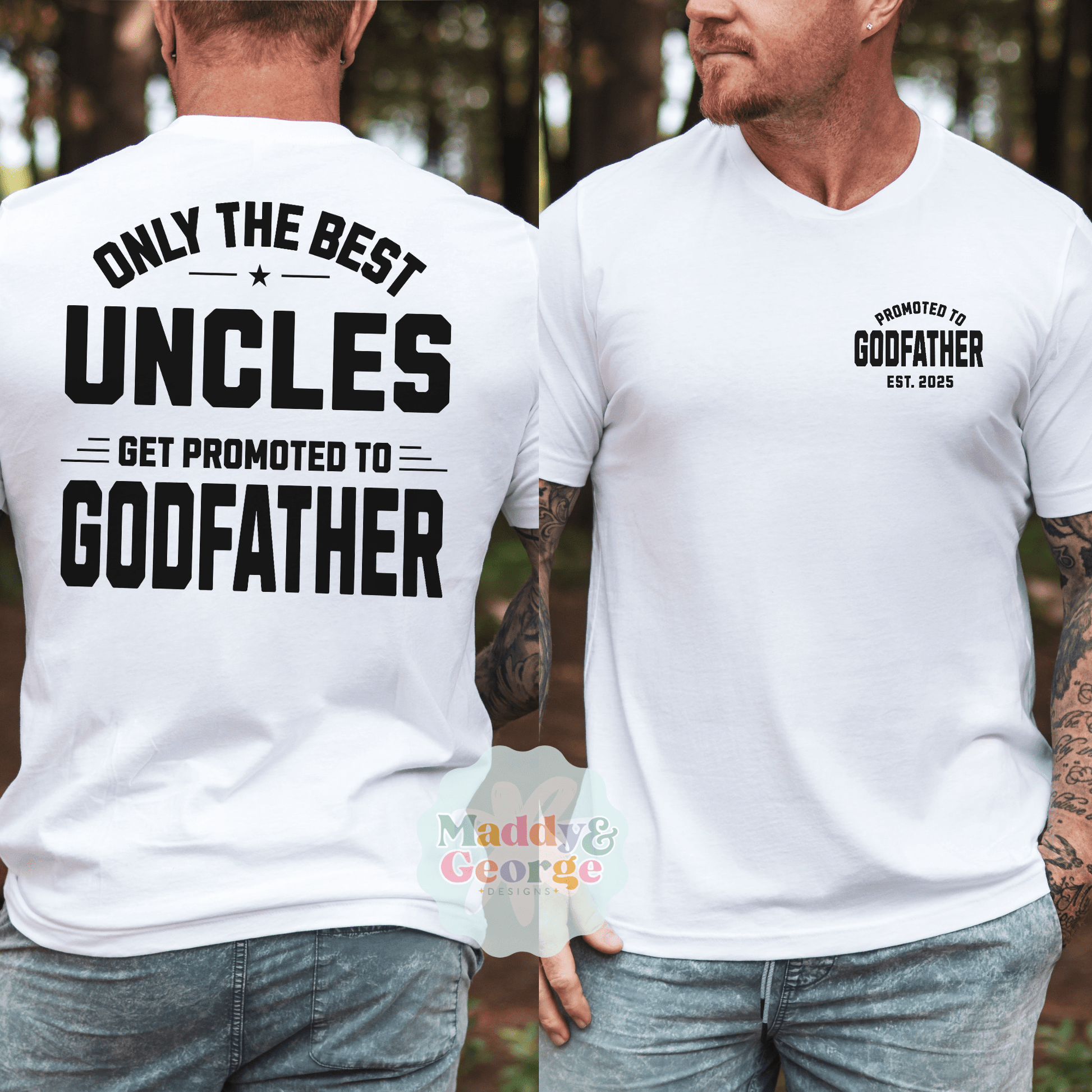 Two men modeling a white Custom Promoted To Godfather Shirt with bold black back text and small chest logo