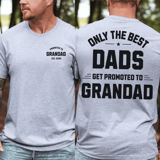 Maddy and George Designs Custom Promoted to Grandad Shirt showing front chest logo and bold back text on gray tee