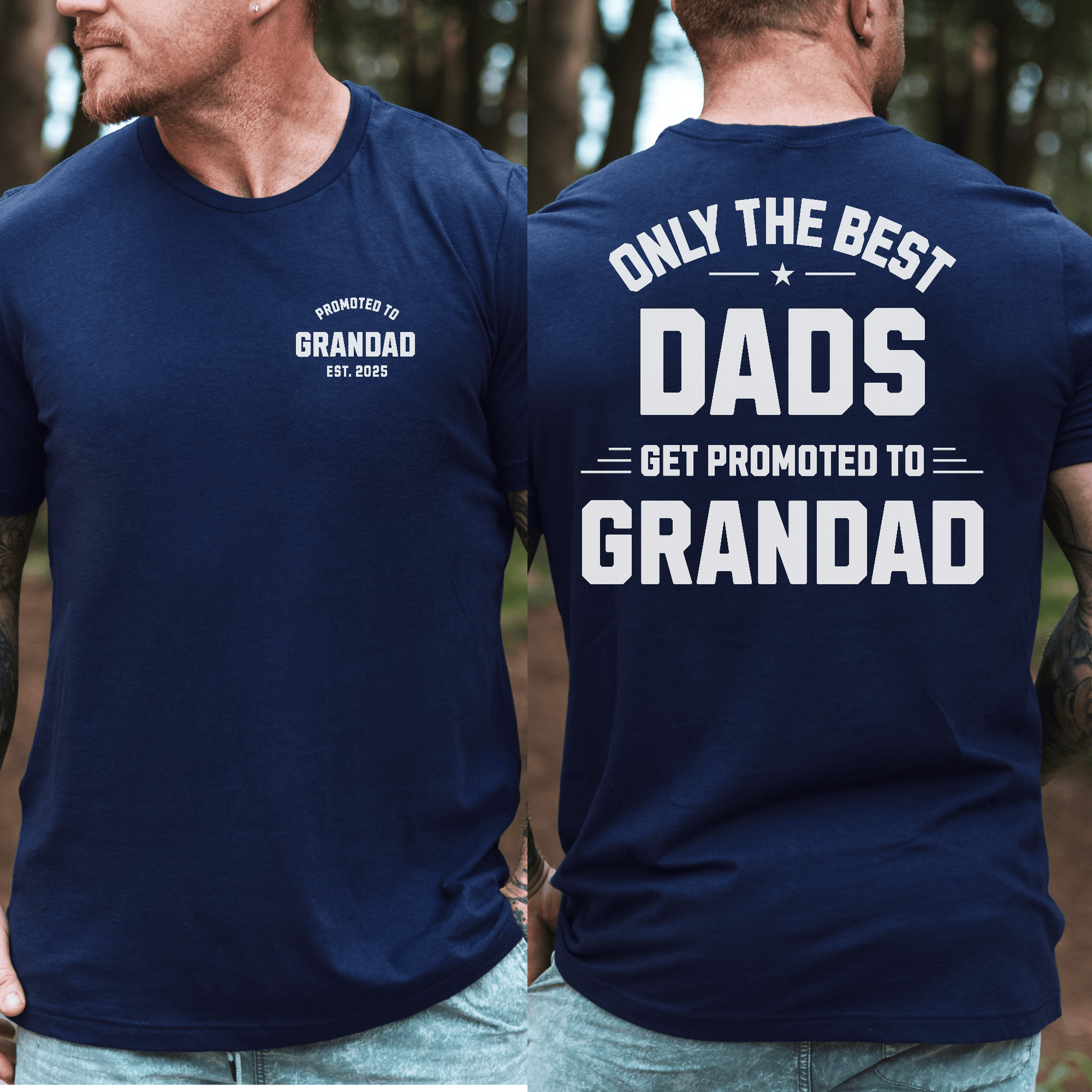 Custom Promoted to Grandad Shirt navy tee with small front logo and bold back text ideal new grandad gift