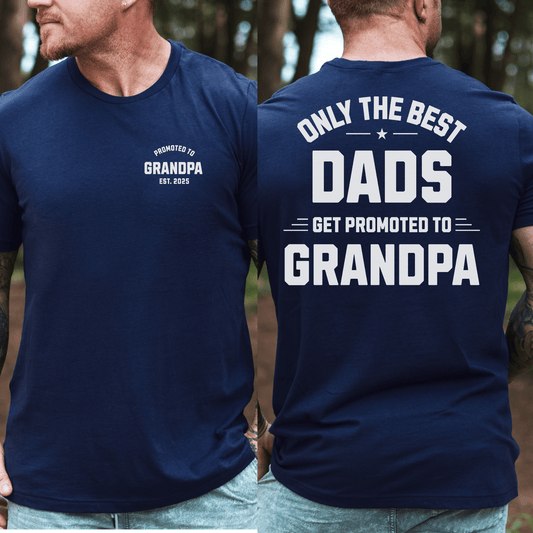 Maddy and George Designs navy tee showing Custom Promoted to Grandpa Shirt with front and back text and bold Grandpa design