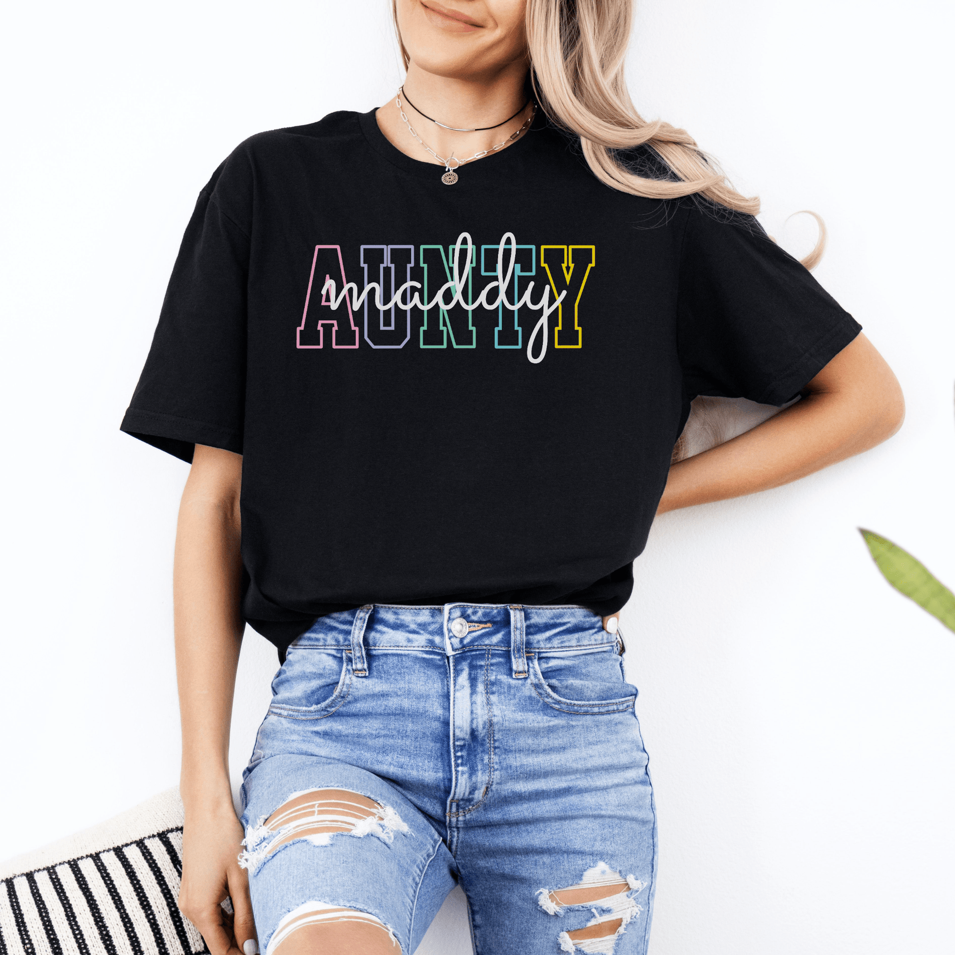 Custom Aunty Shirt by Maddy and George Designs black tee with multicolor AUNTY letters and handwritten maddy script