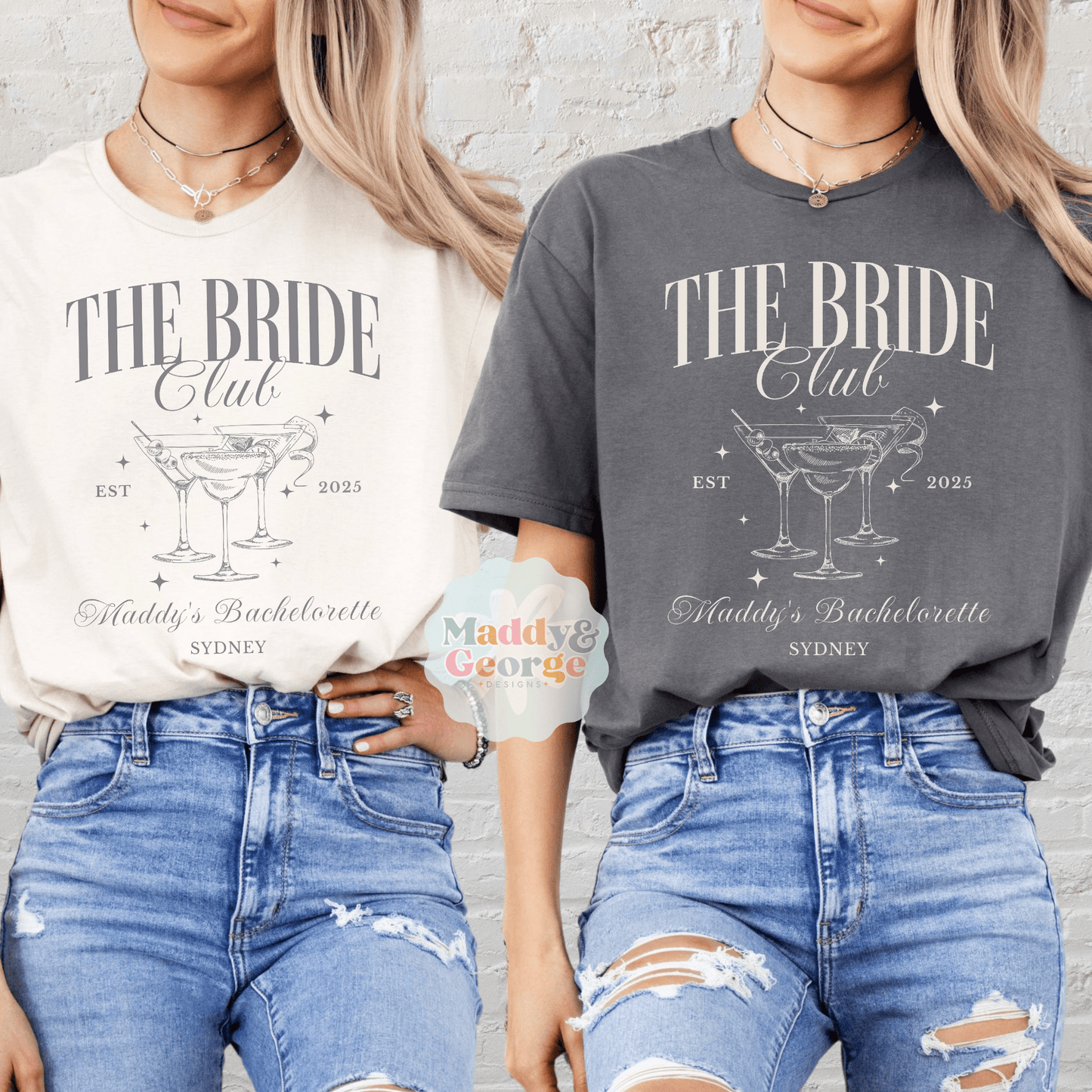 Custom Bachelorette Party Tee featuring The Bride Club champagne design by Maddy and George Designs