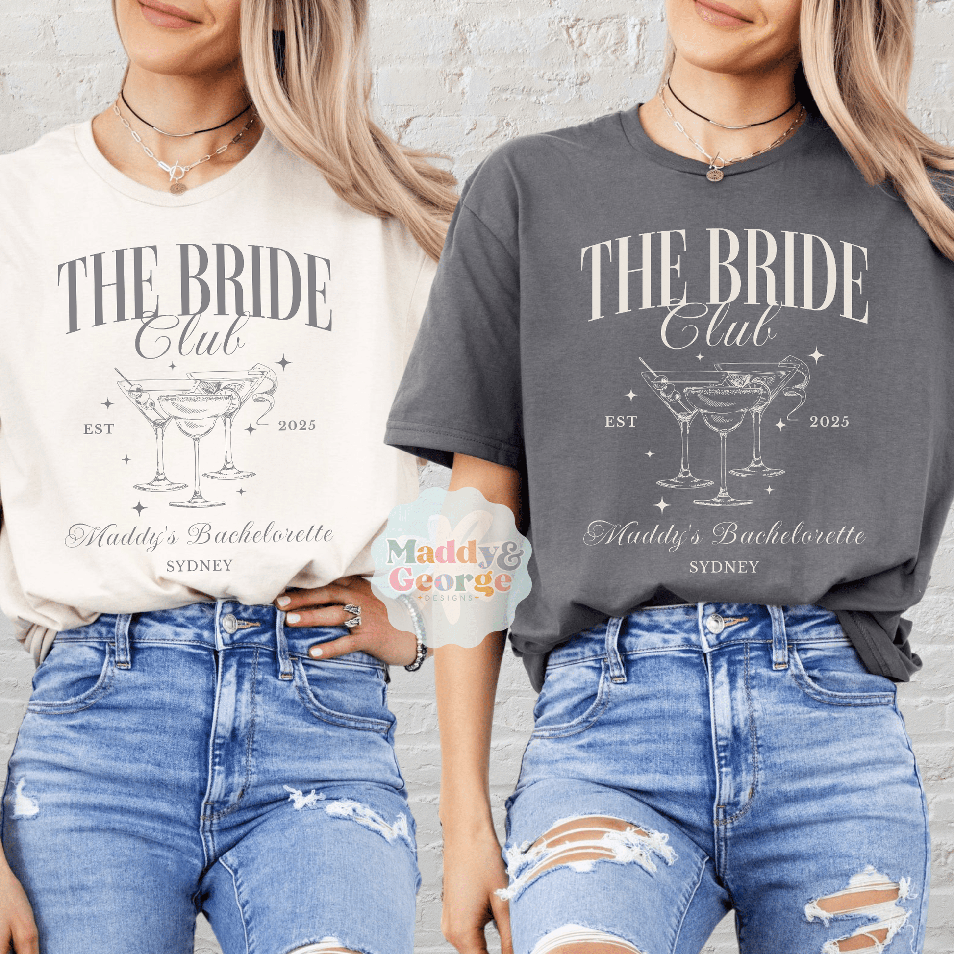Custom Bachelorette Party Tee featuring The Bride Club champagne design by Maddy and George Designs