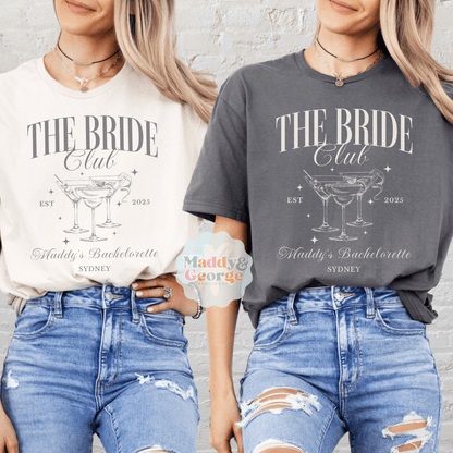 Custom Bachelorette Party Tee featuring The Bride Club champagne design by Maddy and George Designs