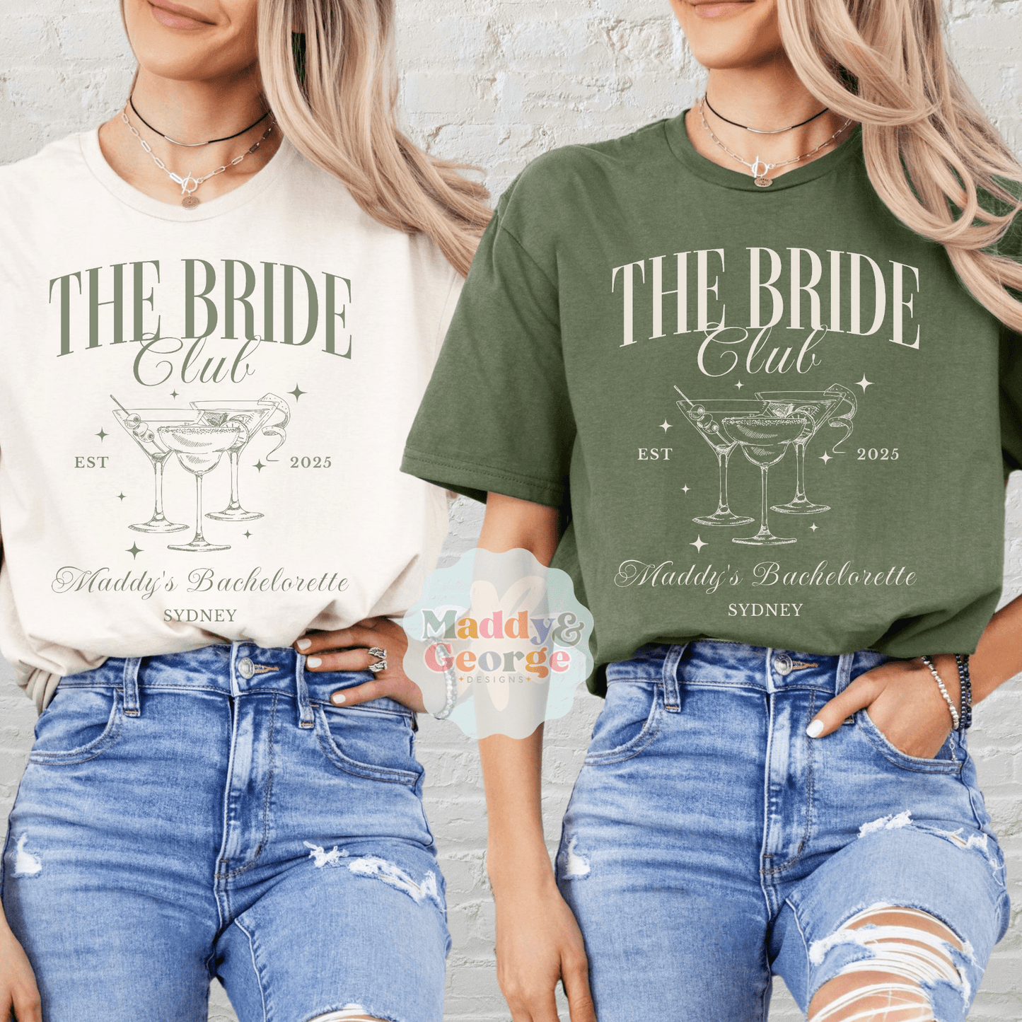 Custom Bachelorette Party Tee featuring The Bride Club print with champagne glasses on cream and olive shirts