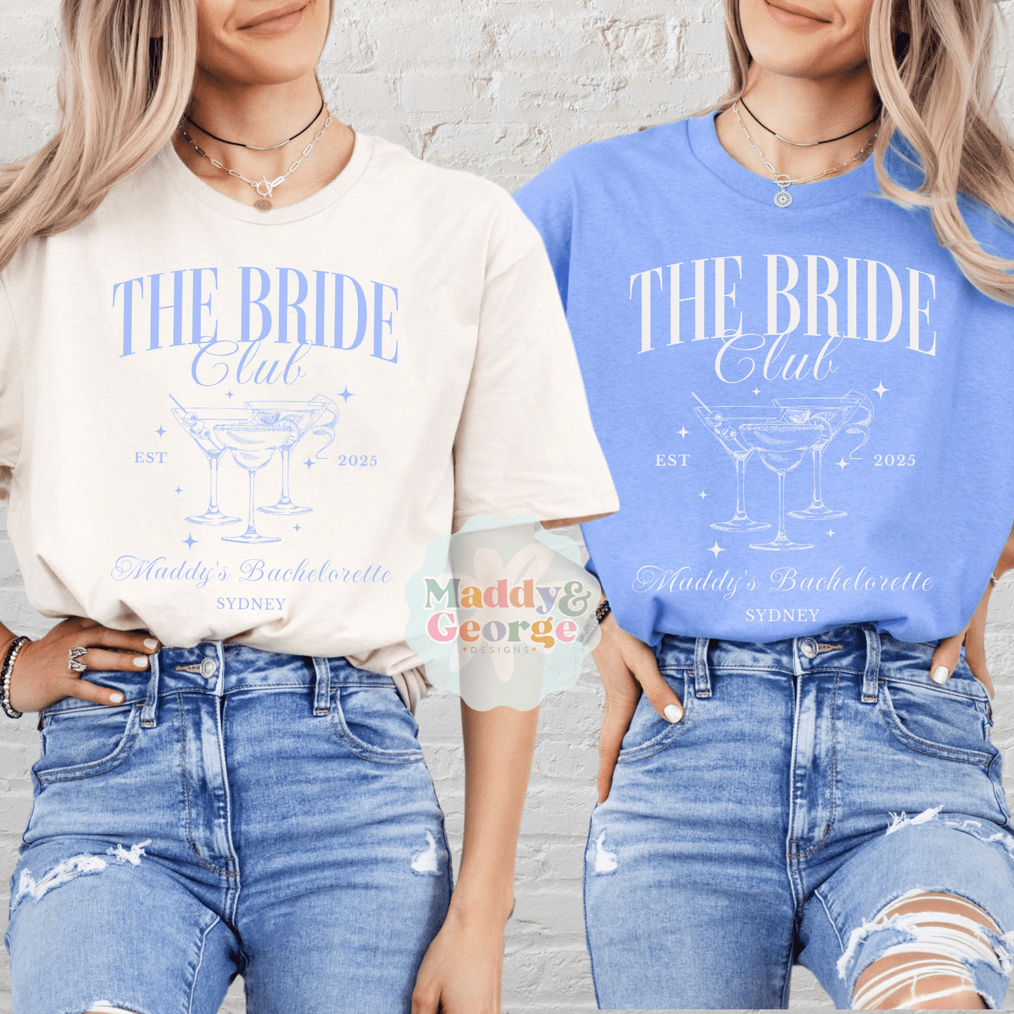 Custom Bachelorette Party Tee featuring The Bride Club graphic on cream and blue shirts worn by two women in jeans