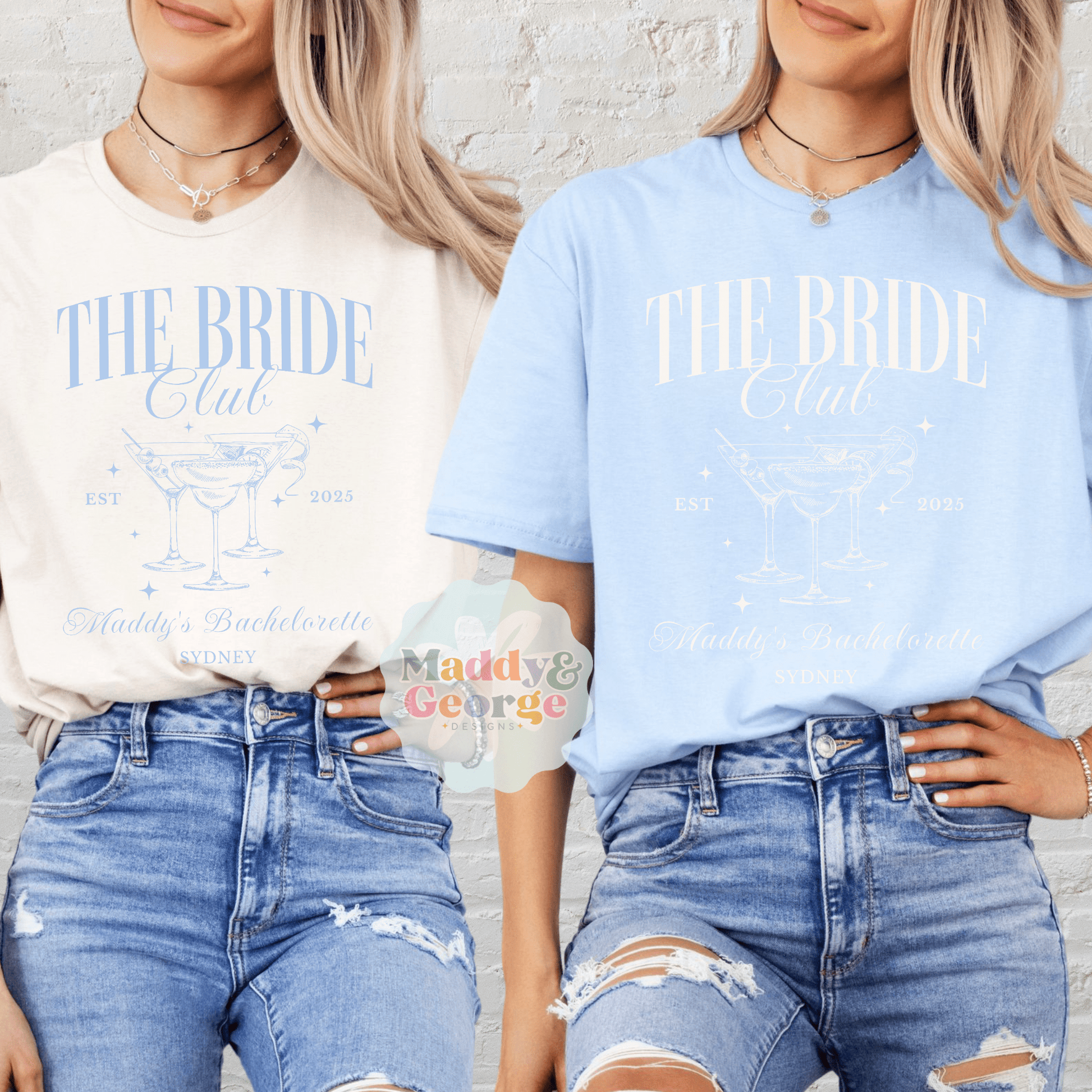 Two women wearing Custom Bachelorette Party Tee The Bride Club design in cream and light blue with ripped jeans