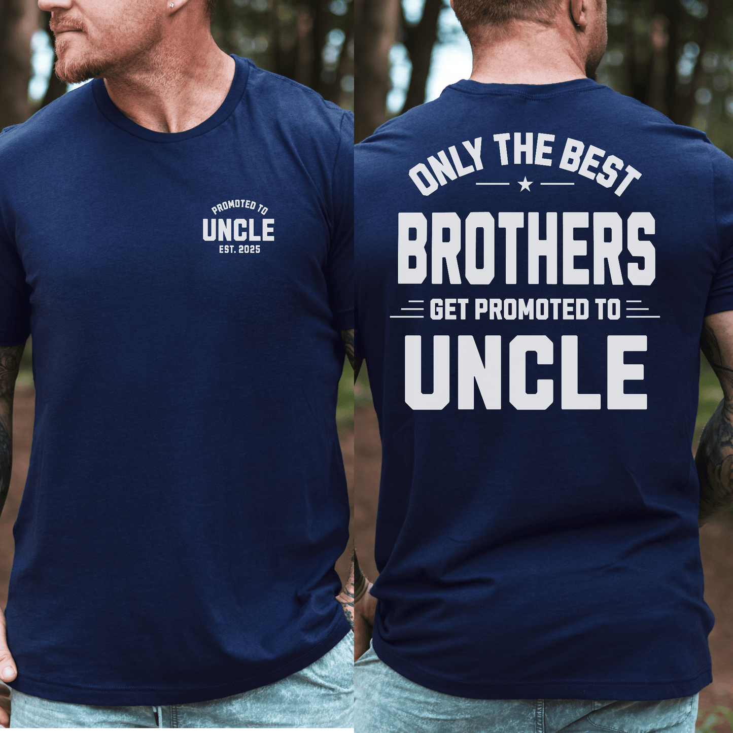 Custom Promoted to Uncle Shirt navy tee with small front emblem and bold back print announcing uncle