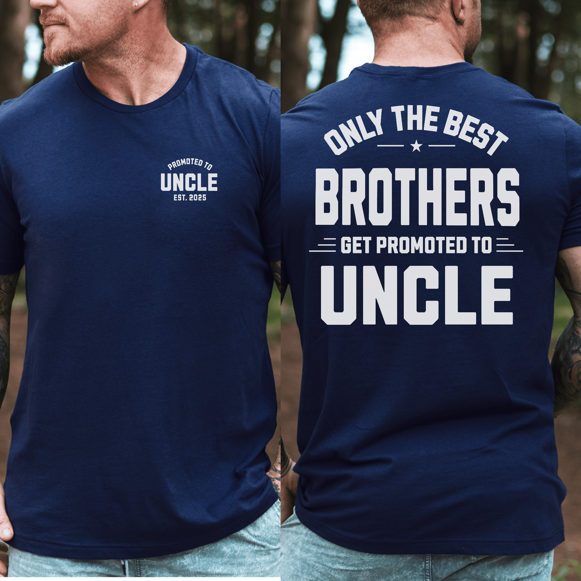 Custom Promoted to Uncle Shirt navy tee with small front emblem and bold back print announcing uncle