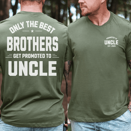 Custom Promoted to Uncle Shirt by Maddy and George Designs olive green tee with bold white back print