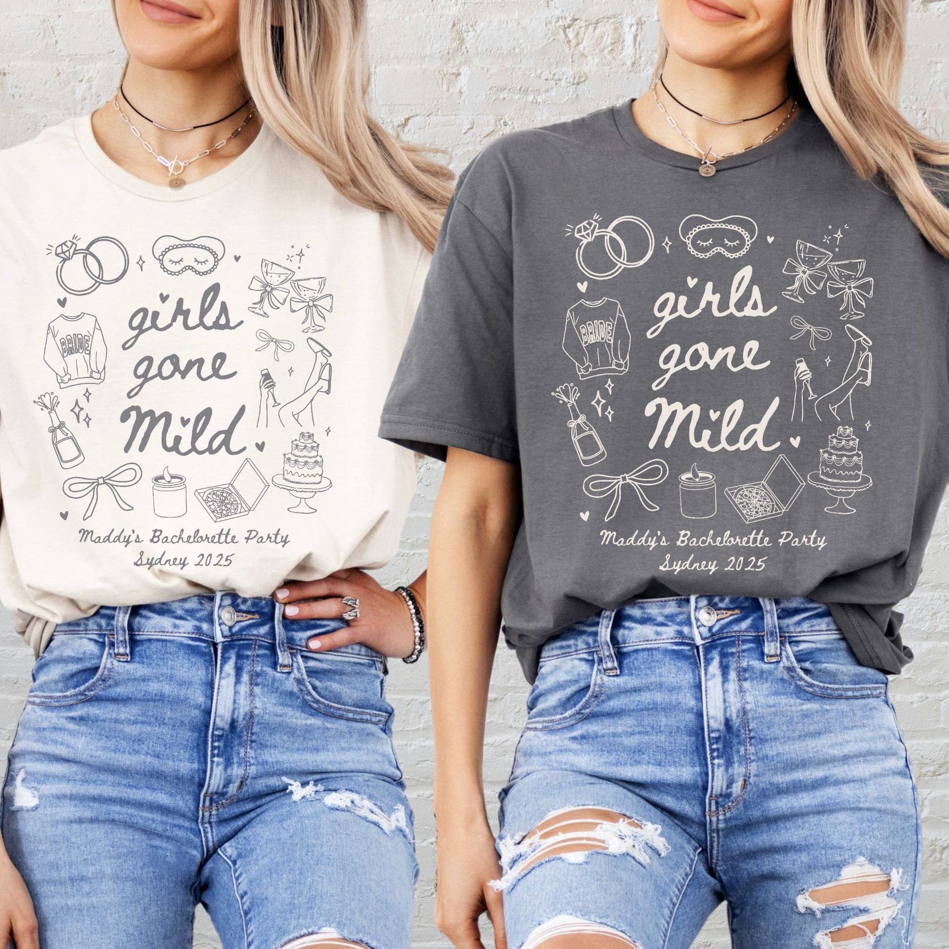 Girls Gone Mild Bachelorette Shirt on two models in cream and charcoal with hand drawn bachelorette icons and script logo