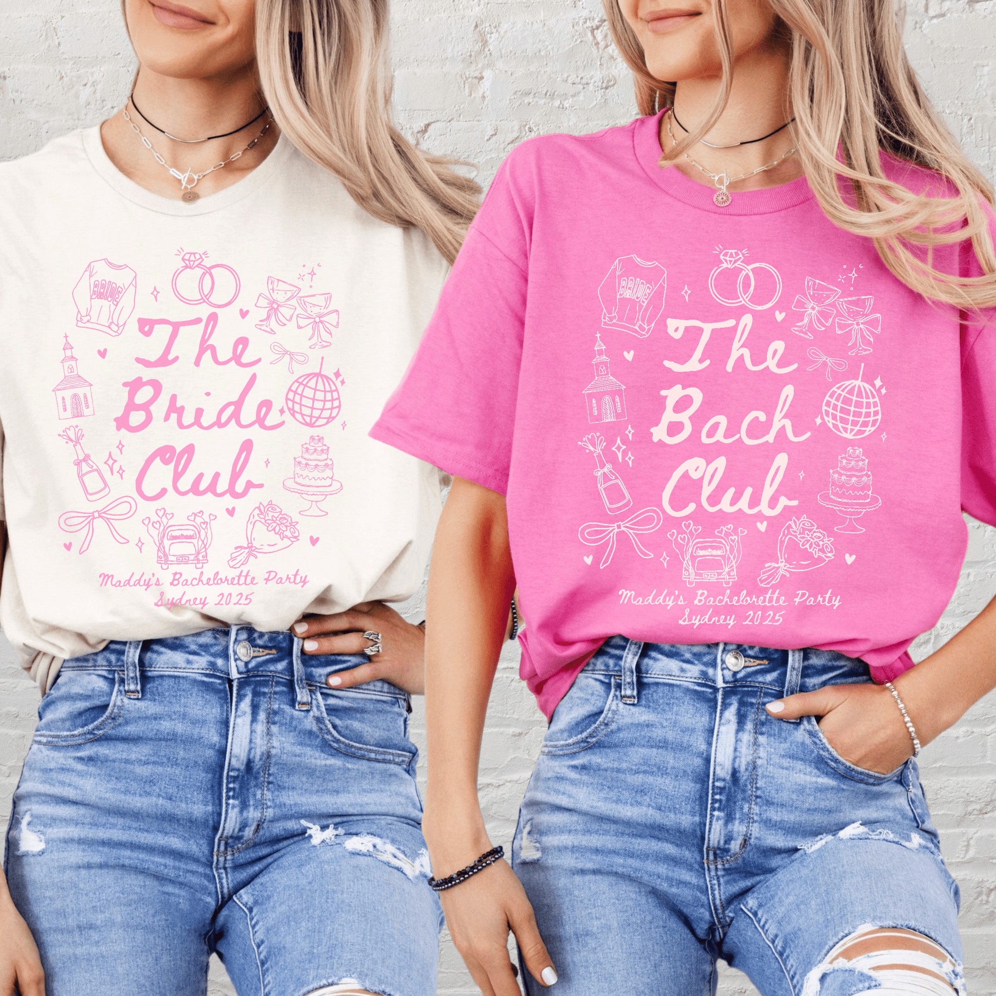Girls Gone Mild Bachelorette Shirt two women wearing matching pink and white tees by Maddy and George Designs