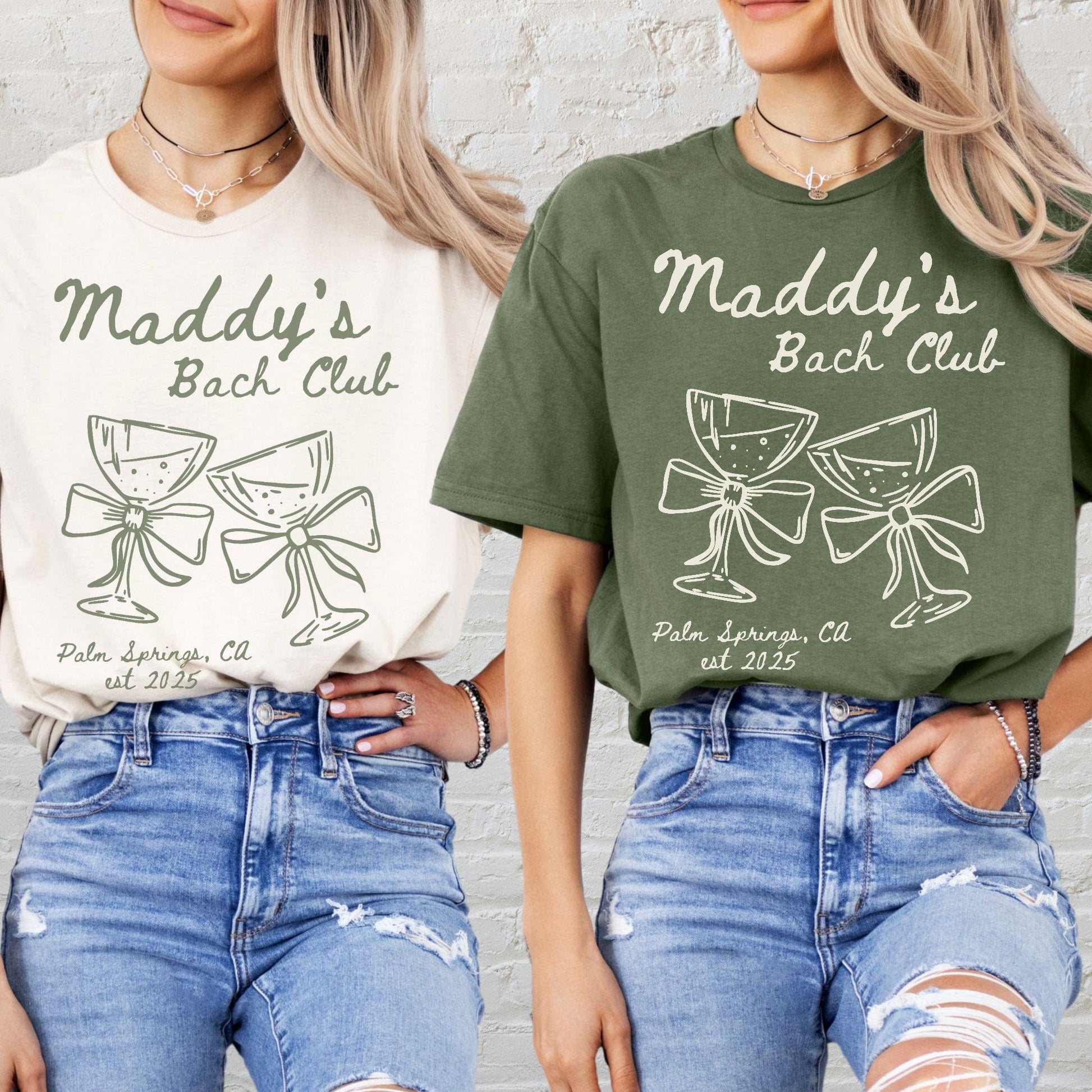 Personalised Bachelorette Party Tee by Maddy and George Designs showing two women in cream and olive tees with Maddys Bach Club glasses