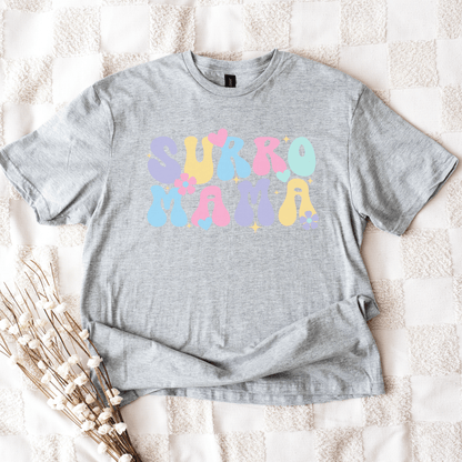 Gray cotton t shirt with pastel groovy bubble letters hearts and flowers Cute Surrogate Mama Shirt