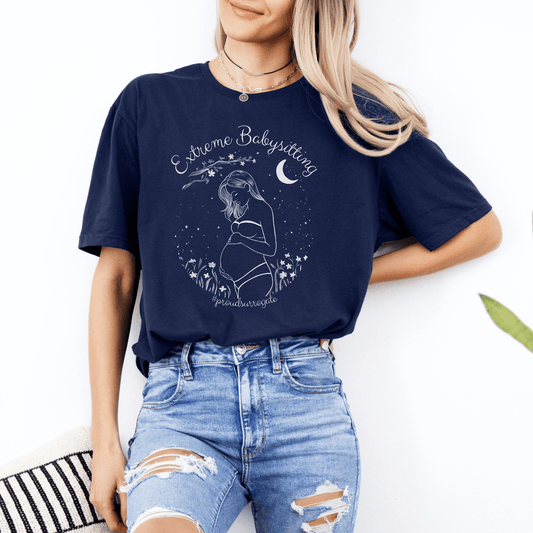 Maddy and George Designs Surrogate Shirt navy tee with pregnant woman moon and stars illustration for surrogates