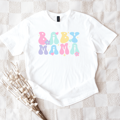 White tee with pastel retro bubble letters reading BABY MAMA on textured blanket Cute Baby Mama Shirt