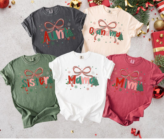 Custom Preppy Christmas Family Shirt set of five named holiday tees Aunt Grandma Sister Mama Mim with bow and tree