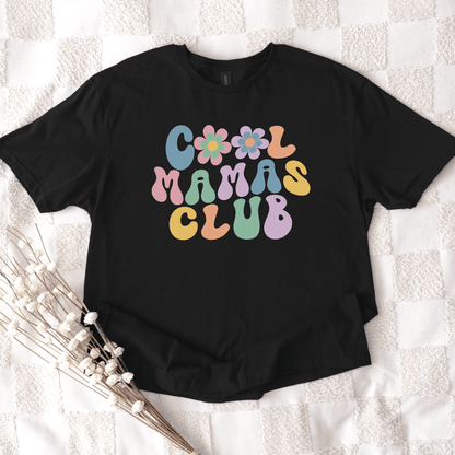 Cool Mamas Club Shirt black tee with retro pastel bubble letters and floral accents by Maddy and George Designs