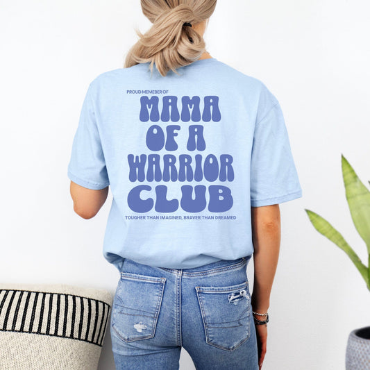 Light blue back view t shirt with bold purple text design Mama of a Warrior Club Shirt for proud moms