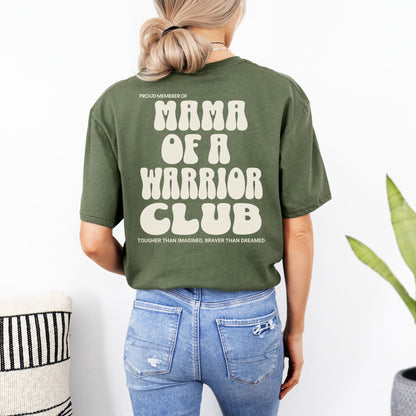 Back view of model wearing olive green Mama of a Warrior Club Shirt by Maddy and George Designs