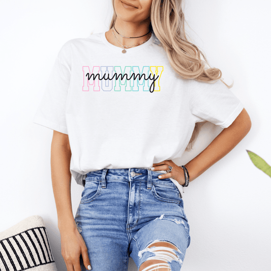 Custom Mummy Shirt white tee with pastel block MUMMY and black script worn with ripped jeans