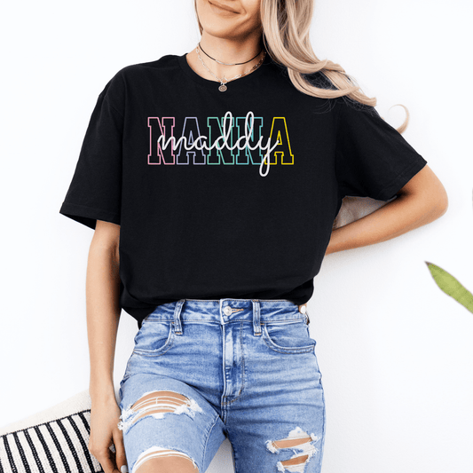 Custom Nanna T-Shirt by Maddy and George Designs black tee featuring multicolored outlined Nanna letters and cursive name