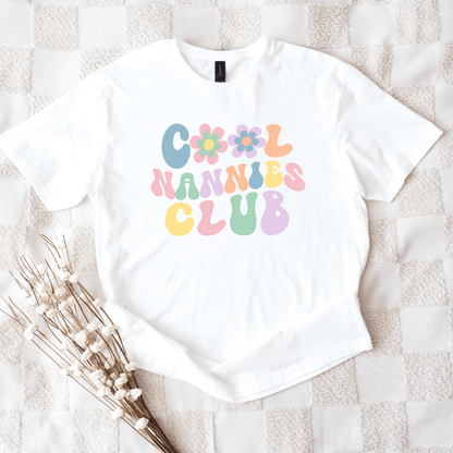 Cool Nannies Club Shirt white tee with pastel retro bubble letters and floral icons nanny gift