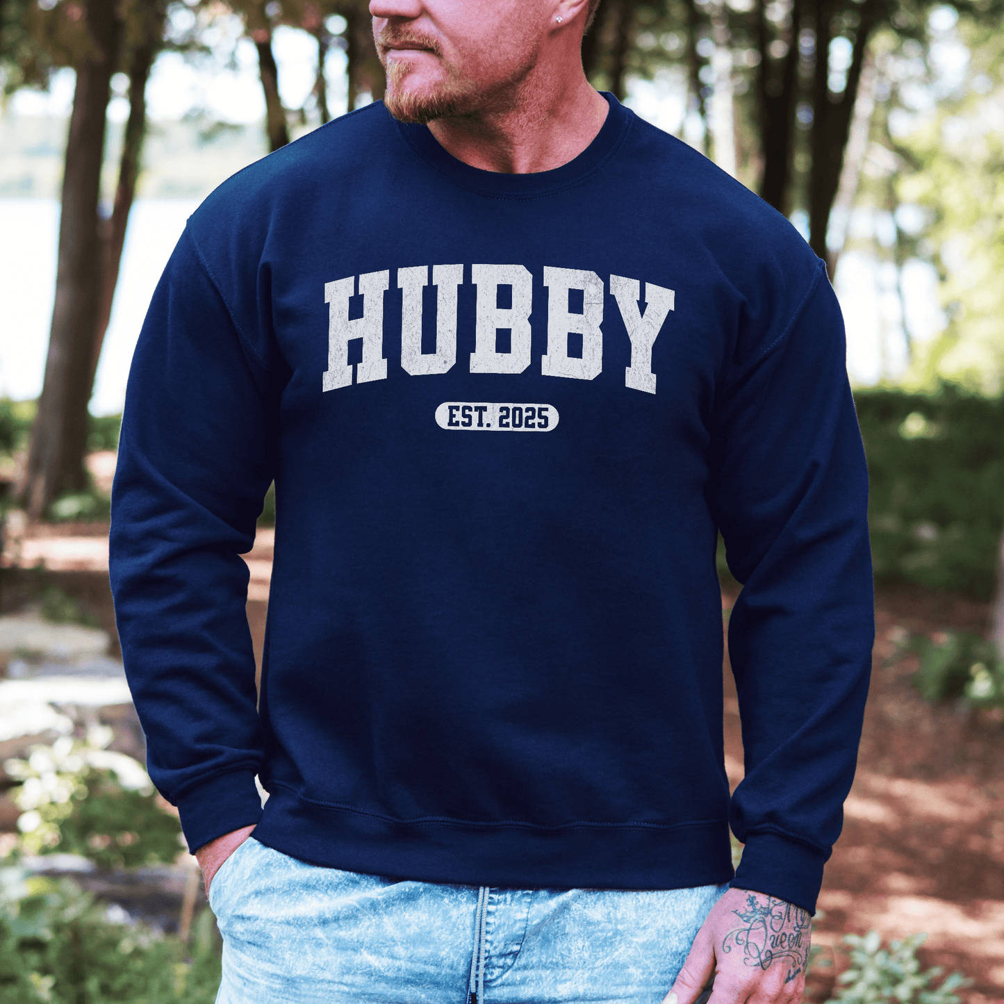 Maddy and George Designs navy crewneck sweatshirt on a man Custom Hubby EST Year Sweatshirt with HUBBY print