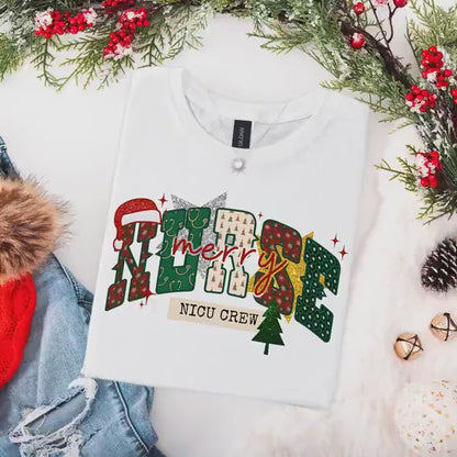 NICU Nurse Christmas Shirt, Neonatal ICU T-Shirt, NICU Crew Christmas Shirts, Holiday Gifts for Neonatal Nurse, Matching Tees, Faux Glitter