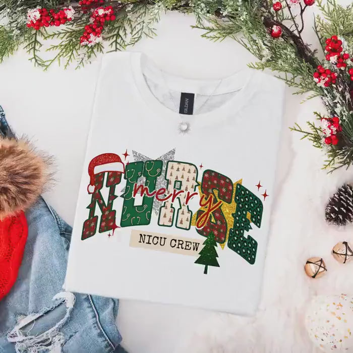 NICU Nurse Christmas Shirt, Neonatal ICU T-Shirt, NICU Crew Christmas Shirts, Holiday Gifts for Neonatal Nurse, Matching Tees, Faux Glitter