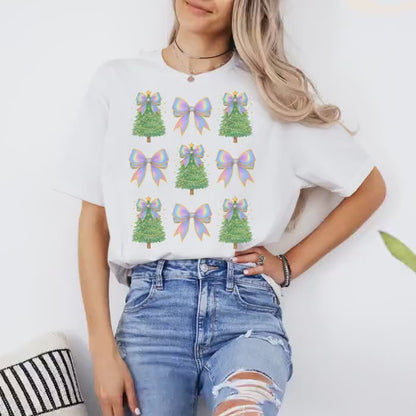 Coquette Bow Christmas Shirt, Iridescent Christmas Tree T-Shirt, Xmas Gift for Her, Matching Family Holiday Tees, Trendy Christmas Shirts