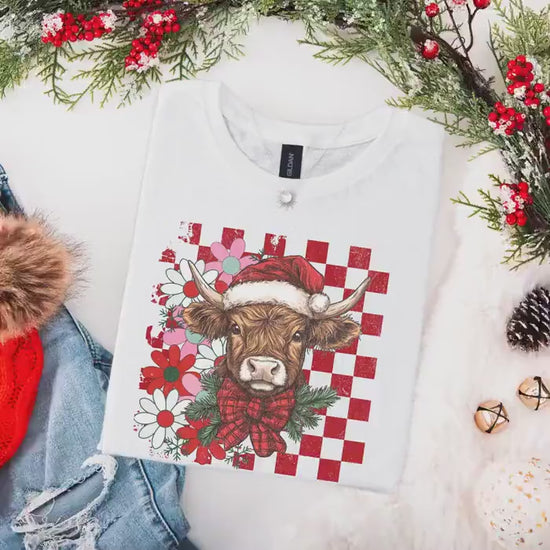 Highland Cow Christmas Shirt, Vintage Merry Christmas TShirt, Christmas Western Outfit, Xmas Gift For Her, Coquette Cowgirl, Holiday Crew