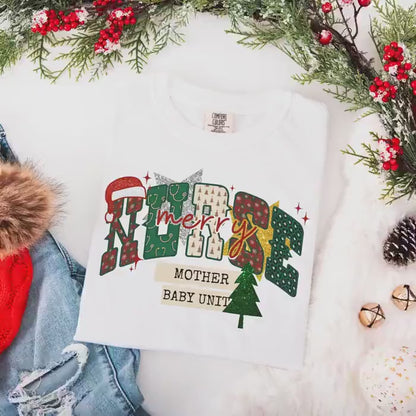 Christmas Mother and Baby Nurse Comfort Colors Shirt, Mother Baby Unit T-Shirt, L&D Nurse Christmas Gift, Matching MBU Tees, Faux Glitter