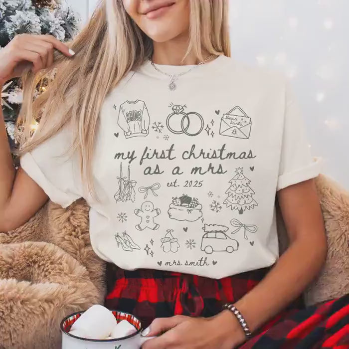 Custom Newlywed Wife Christmas Comfort Colors Shirt, First Christmas Married, Personalized Wifey Xmas Tee, Just Married Christmas Gifts