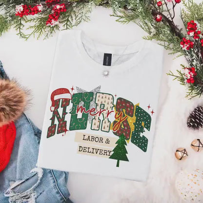 Christmas Labor And Delivery Nurse Shirt, L&D Nurse Holidays T-Shirt, OB Nurse Christmas Gift, Matching Labor Nurse Tees, Faux Glitter