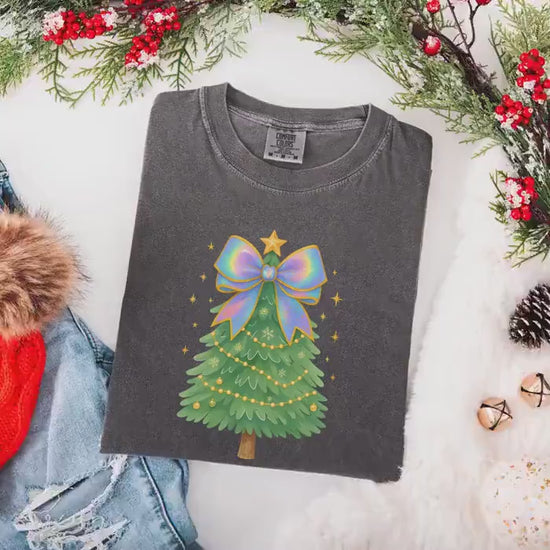Coquette Bow Christmas Comfort Colors Shirt, Iridescent Christmas Tree T-Shirt, Xmas Gift for Her, Matching Family Holiday Tees, Cute Shirts