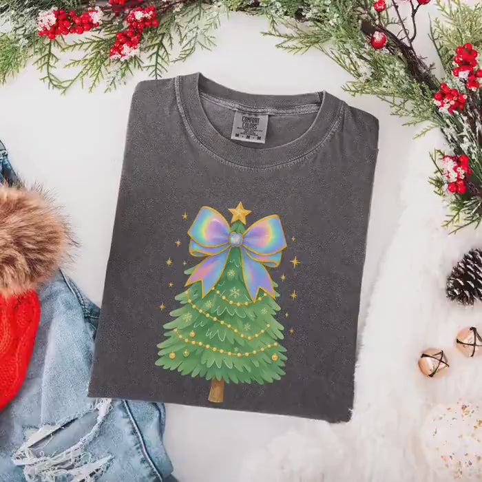 Coquette Bow Christmas Comfort Colors Shirt, Iridescent Christmas Tree T-Shirt, Xmas Gift for Her, Matching Family Holiday Tees, Cute Shirts