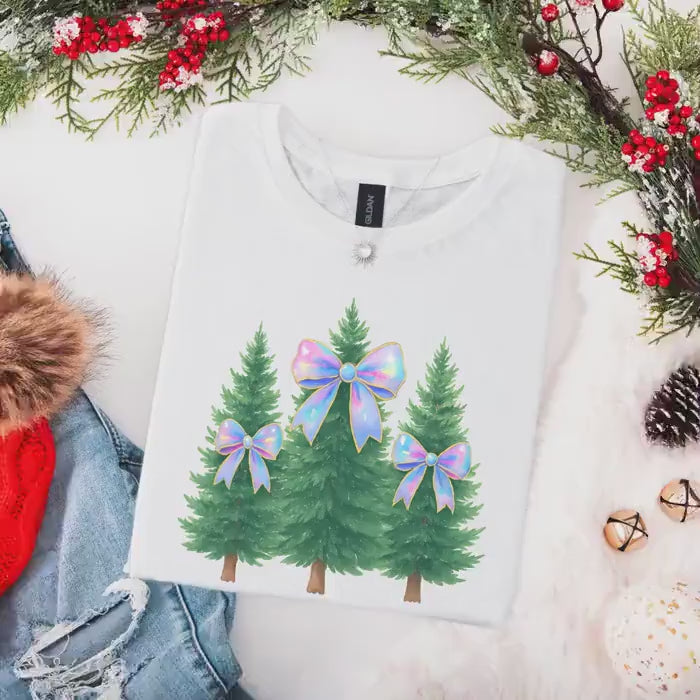Coquette Bow Christmas Shirt, Iridescent Christmas Tree T-Shirt, Xmas Gift for Her, Matching Family Holiday Tees, Trendy Christmas Shirts
