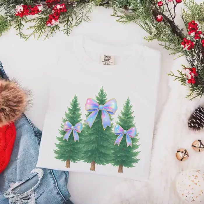 Coquette Bow Christmas Comfort Colors Shirt, Iridescent Christmas Tree T-Shirt, Xmas Gift for Her, Matching Family Holiday Tees, Girly Tee