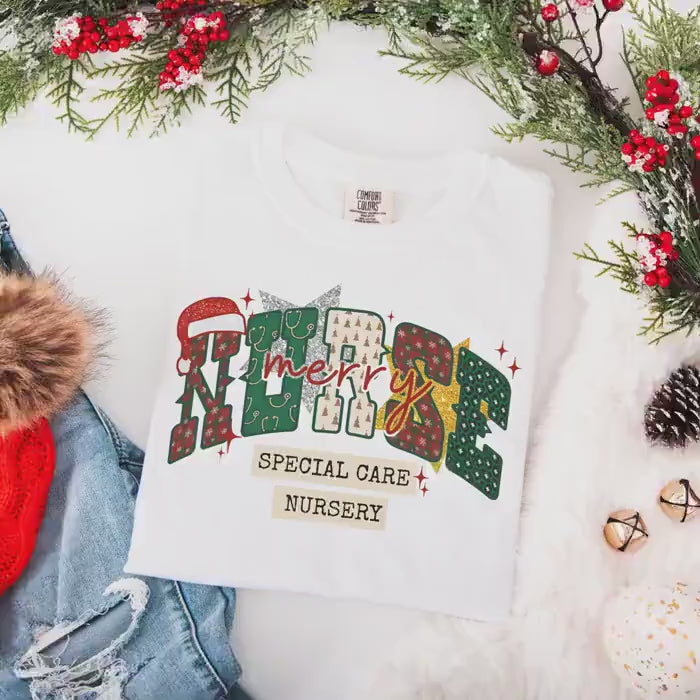 SCN Nurse Christmas Comfort Colors Shirt, Special Care Nursery T-Shirt, RN Christmas Shirts, Holiday Gifts for Baby Nurse, Faux Glitter