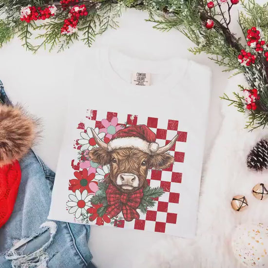 Highland Cow Christmas Comfort Colors Shirt, Vintage Merry Christmas TShirt, Western Christmas Outfit, Xmas Gift For Her, Coquette Cowgirl