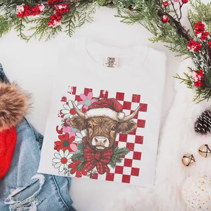 Highland Cow Christmas Comfort Colors Shirt, Vintage Merry Christmas TShirt, Western Christmas Outfit, Xmas Gift For Her, Coquette Cowgirl