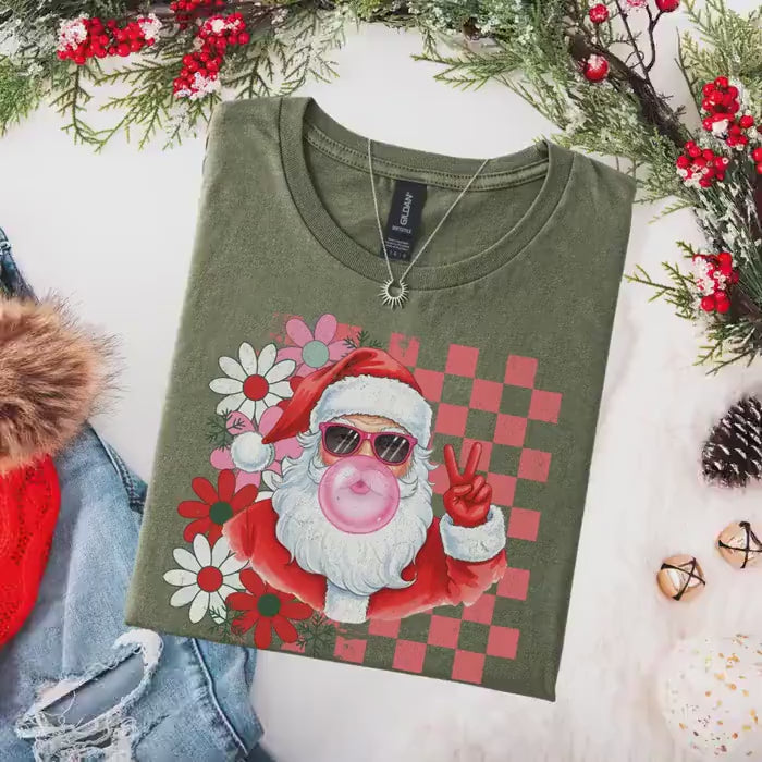 Retro Santa Shirt, Funny Santa With Sunglasses Xmas, Bubblegum Santa Tee, Xmas Gifts for Her, Vintage Merry Christmas Shirt, Matching Family