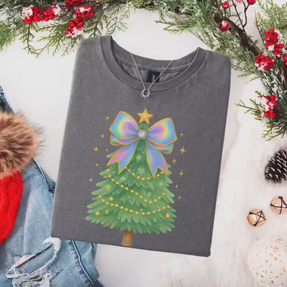 Coquette Bow Christmas Shirt, Iridescent Christmas Tree T-Shirt, Xmas Gift for Her, Matching Family Holiday Tees, Trendy Christmas Shirts